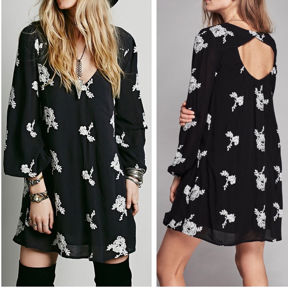 Free People Embroidered Austin Black White Floral Cut Out Mini Dress